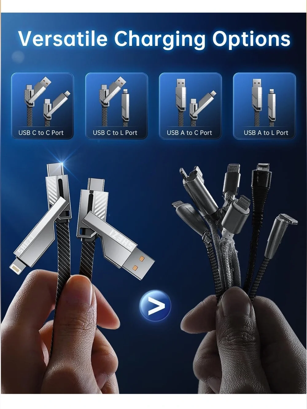 Multi-Connector Braided Charging Cable - Silver & Black